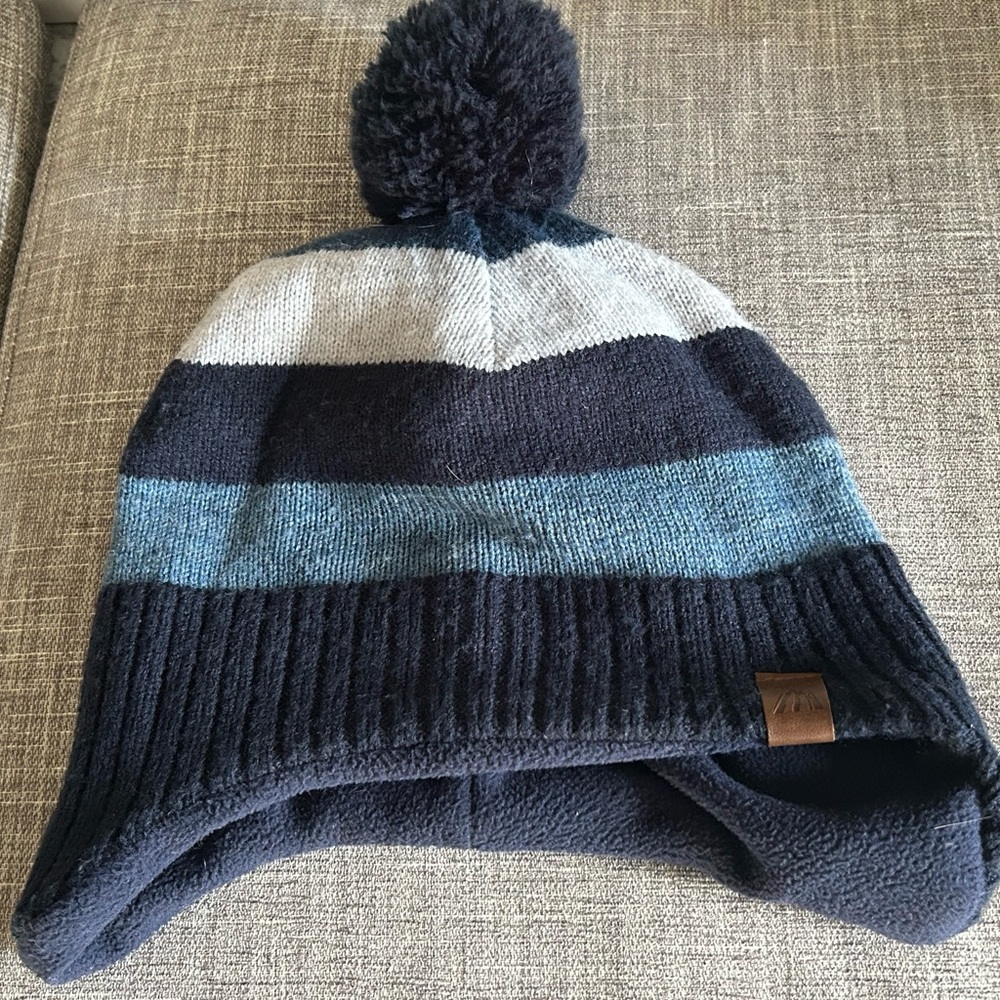 Striped Pom-Pom Earflap Hat for Kids - Navy, Light Blue & White